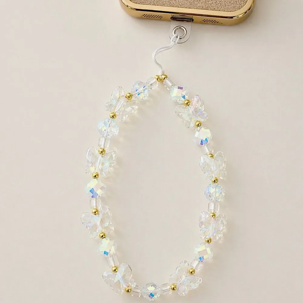 Beaded hand-held lanyard chain, phone wrist strap white butterfly